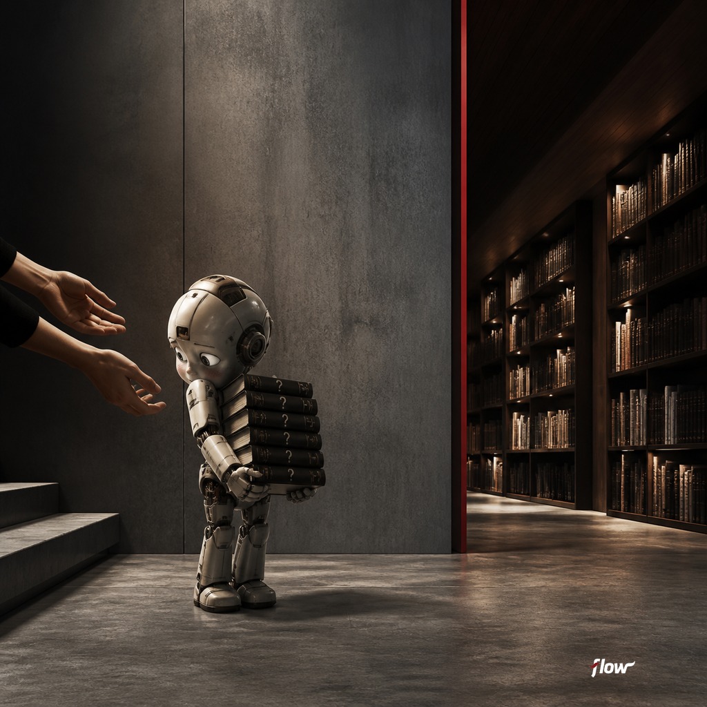 Business executive reviewing an AI dashboard while considering questions about model training data and data transparency.