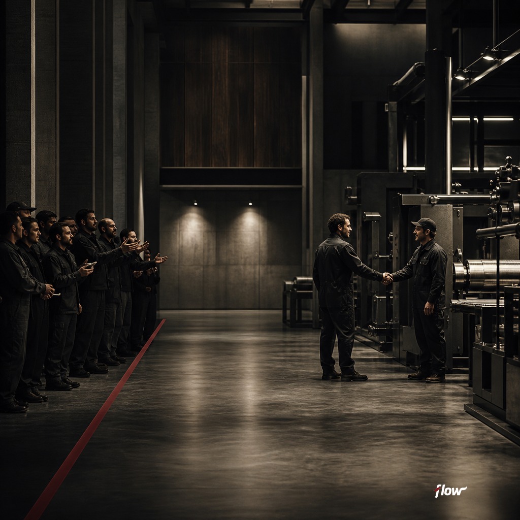 Manufacturing leader reviewing production metrics with an operations team on the factory floor